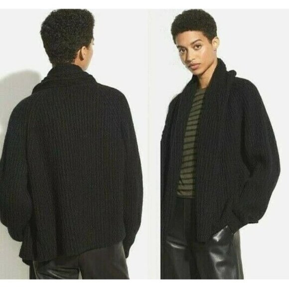 Vince Oversize Shawl Collar Soft Plush WoolBlend Rib Knit Cardigan Black XS $465 - Picture 14 of 15